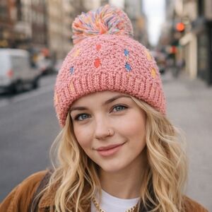 Winter Warm Pink Beanie pom pom hat